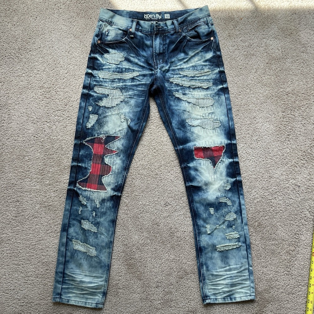 Born Fly Men's Distressed Patchwork Jeans Size 32 | RN 138140 | Red Plaid Detail